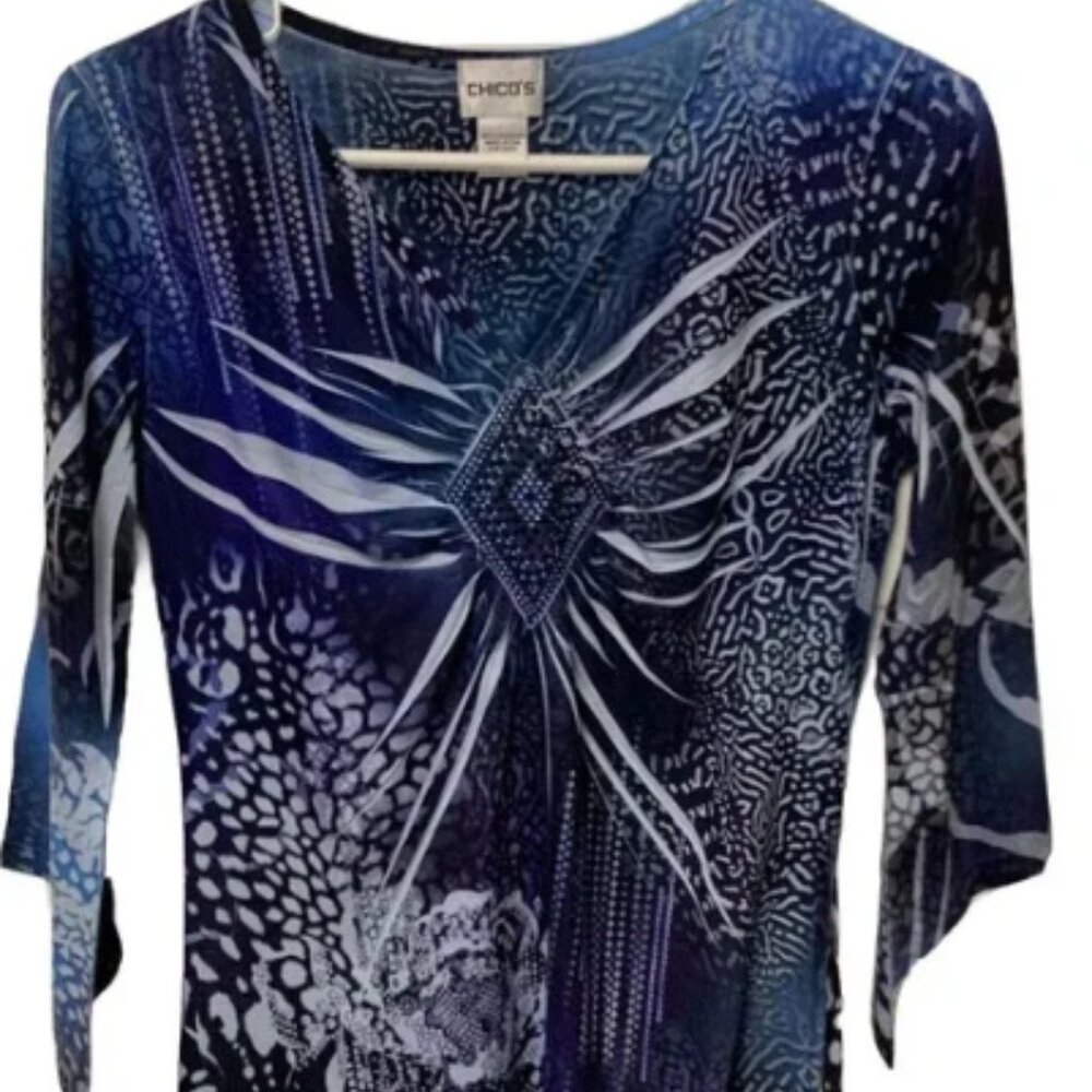 Chico's Blue Vneck Jeweled Pleated 3/4 Asymmetrical Hem Sleeve Sz 0